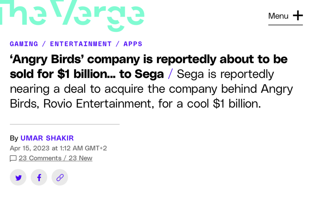 Selon TheVerge, Angry Birds serait en passe d'être racheté pour 1 milliard de dollar par l'éditeur de jeux-vidéo SEGA.
