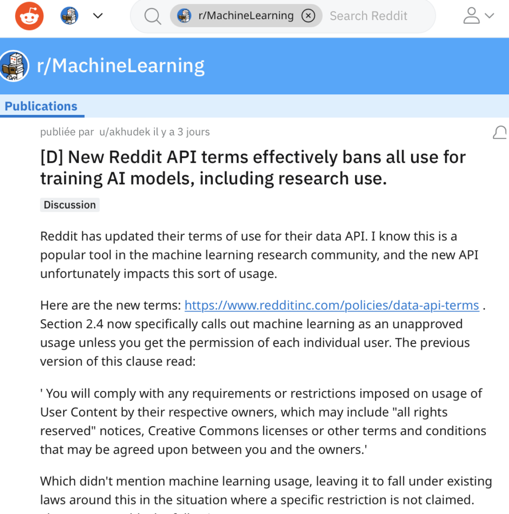 Reddit API était utilisée jusque là pour entraîner des modèles AI
