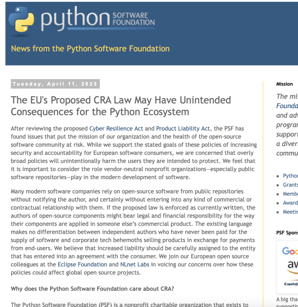 La Fondation Python met en garde contre les risques du Cyber Resilience Act (CRA) de l'Union Européenne.